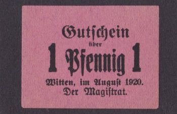 1 пфенниг 1920г. Виттен. Германия, Бровары