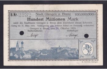 100 000 000 марок 1923г. B. 2232. Гинген-ан-дер-Бренц. Германия, Бровары