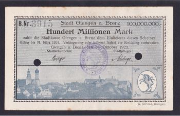 100 000 000 марок 1923г. B. 3915. Гинген-ан-дер-Бренц. Германия, Бровары