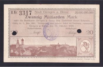 20 000 000 000 марок 1923г. H. 3317. Гинген-ан-дер-Бренц. Германия, Бровары