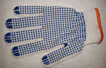 Рукавиці захистні трикотажні білого коліру з синьою ПВХ крапкою, Белая Церковь