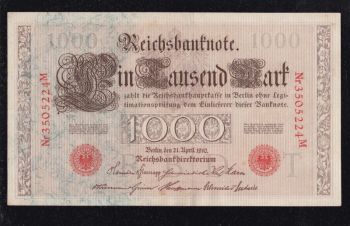 1000 марок 1910г. 3505224 М. Красная печать. Германия, Бровары