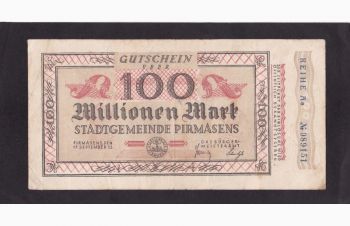 100 000 000 марок 1923г. Аа. 089151. Пирмасенс. Германия, Бровары