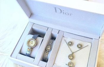 Женский Набор Украшений DIOR SILVER подарки, цепочка с подвеской, серьги, кольцо, браслет, часы, Киев