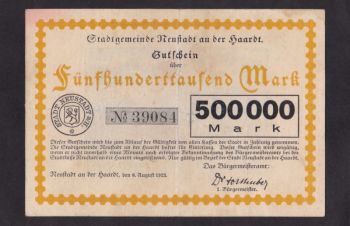 500 000 марок 1923г. Neustadt.Naardt 39084. Германия, Бровары