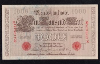 1000 марок 1910г. 4198221М. Красная печать. Германия, Бровары