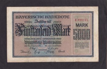 5 000 марок 1922г. В 399121. Бавария. Германия, Бровары