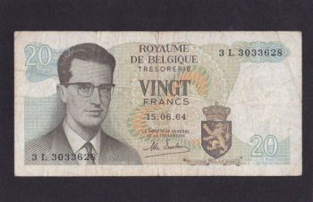 20 франков 1964г. 3L 3033628. Бельгия, Бровары