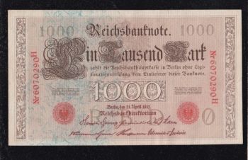 1000 марок 1910г. 6070290 H. Красная печать. Германия, Бровары