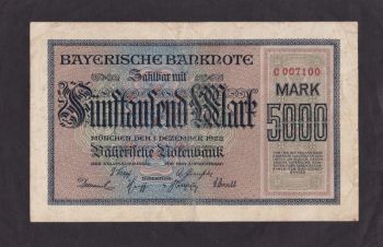 5 000 марок 1922г. Бавария. С 007100. Германия, Бровары