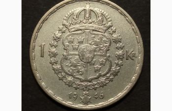 1 крона 1946г. Серебро. Король Густав V. Стокгольм. Швеция. 1, Бровары