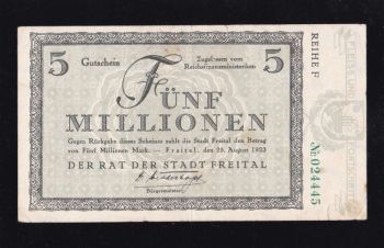 5 000 000 марок 1923г. Фрайталь. 024445. (Саксония) Германия, Бровары