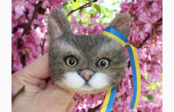 Кот брошь с ленточкой игрушка валяная из шерсти ручной работы интерьерная котик вграшка, Одесса
