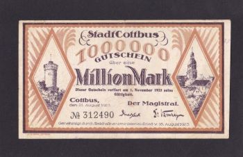 1 000 000 марок 1923г. 3122490. Котбус. Германия, Бровары