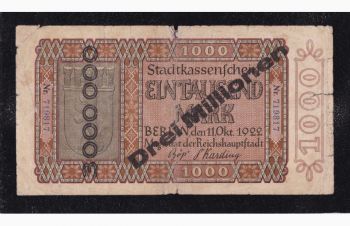 1000 марок 1922г. надп. 3 000 000 марок. Берлин. 719817. Германия, Бровары