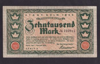 10 000 марок 1923г. Кёльн. 122814. Германия, Бровары