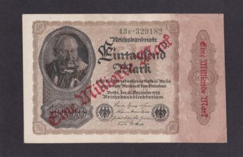 1000 марок 1922г. надп. 1 000 000 000 марок. 43F. 329182. Берлин. Германия, Бровары