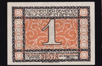 1 марка 1921г. 30578. Нойндорф. Германия, Бровары