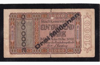 1000 марок 1922г. надп. 3 000 000 марок. Берлин. 923028. Германия, Бровары