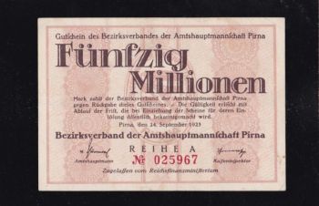 50 000 000 марок 1923г. Пирна. А 025967. Германия, Бровары