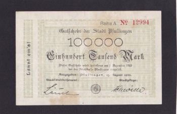 100 000 марок 1923г. Пфуллинген. А 12994. Германия, Бровары