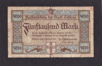 5000 марок 1923г. Кобленц. D 20272. Германия, Бровары