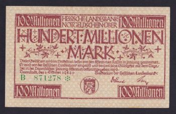 100 000 000 марок 1923г. B. 871278. Дармштадт. Германия, Бровары