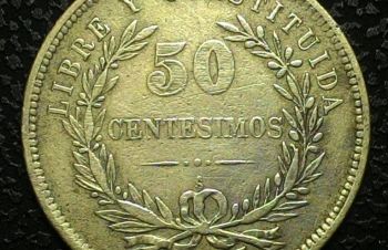 Уругвай 50 сентесимо 1893 год СЕРЕБРО!!! вес 12, 5 г. РЕДКАЯ!!! СОСТОЯНИЕ, Ковель